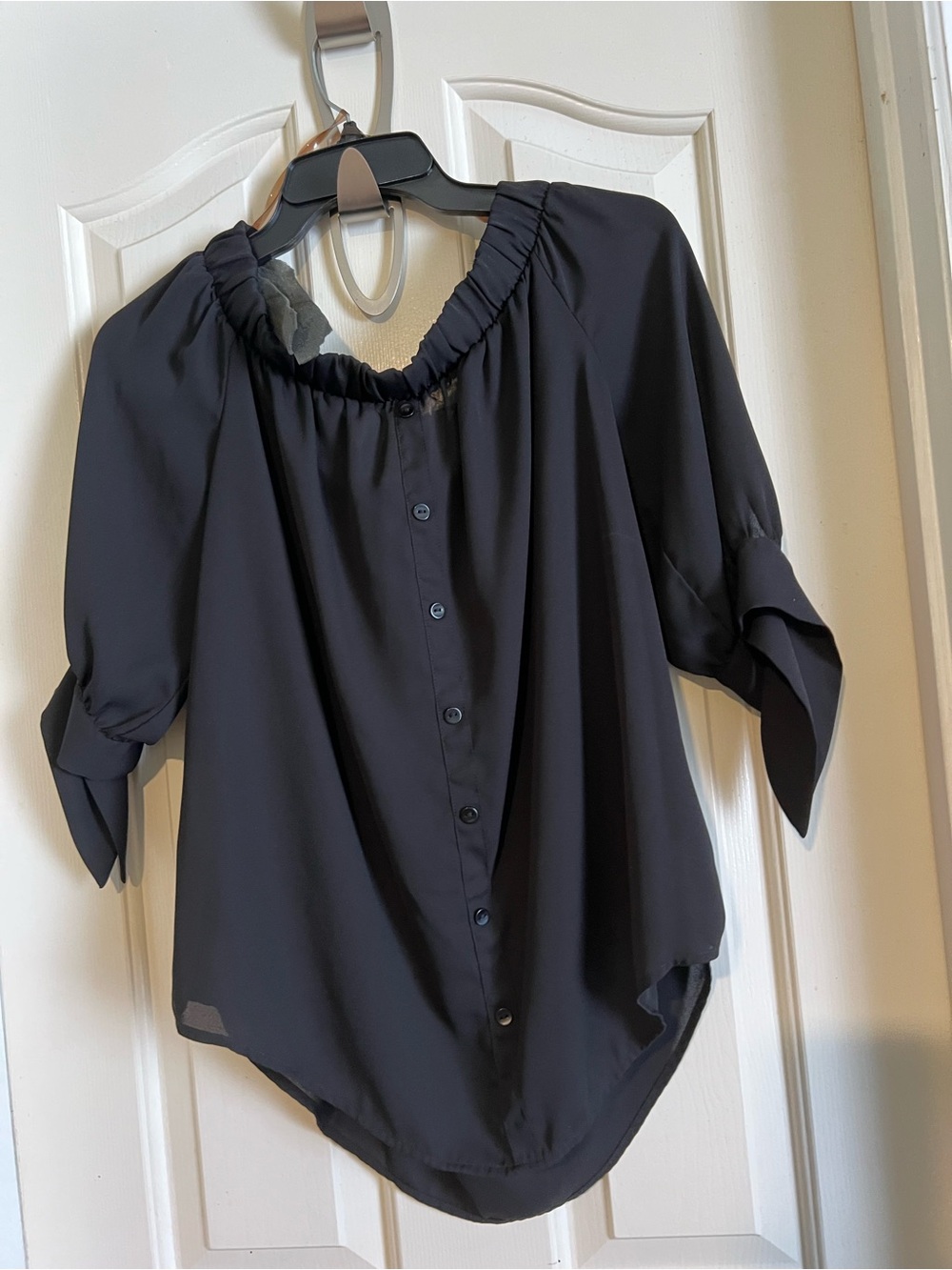 Women's Black Off-Shoulder Button-Front Blouse with Tie Sleeves